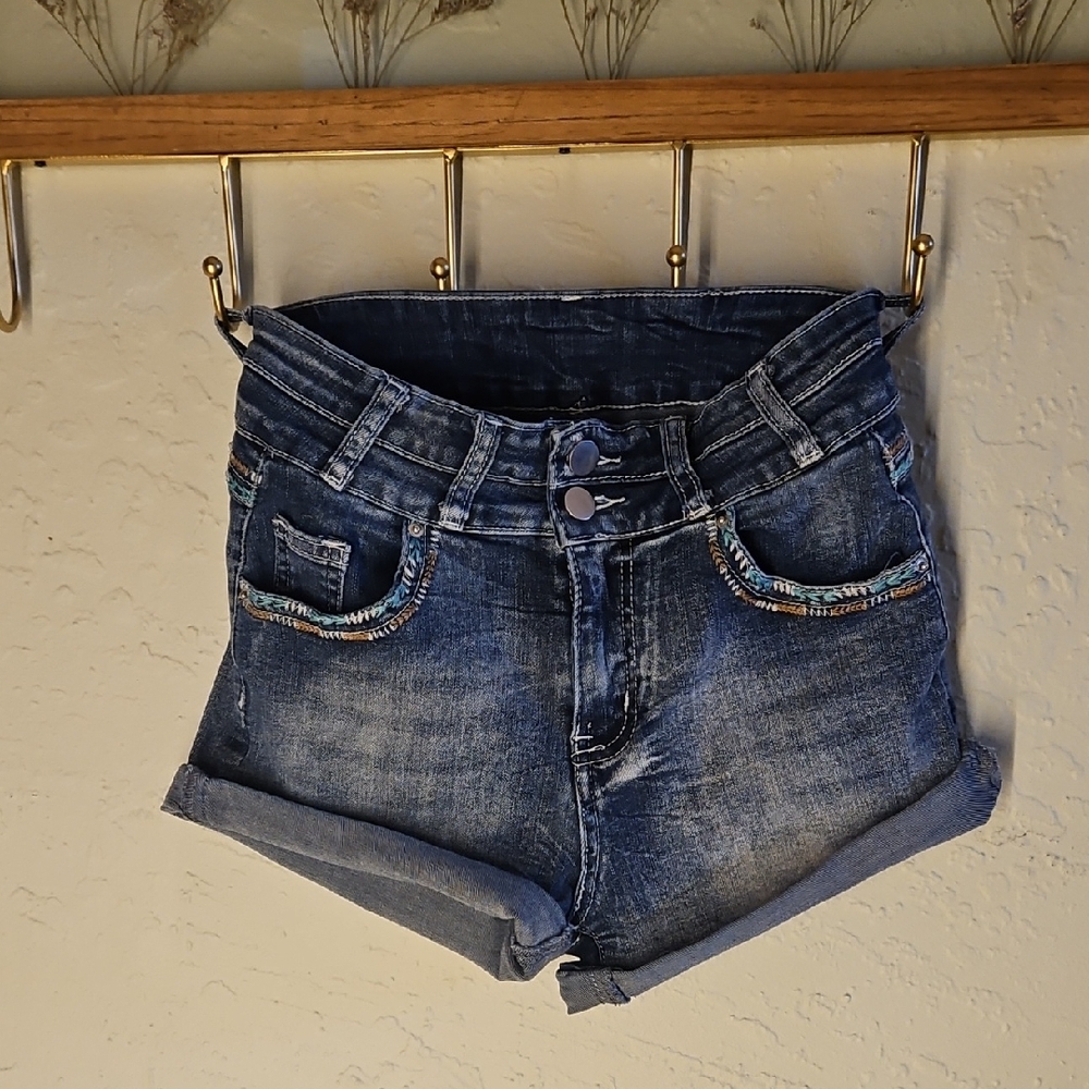 SHEIN Blue Jean Shorts with Embroidered Details